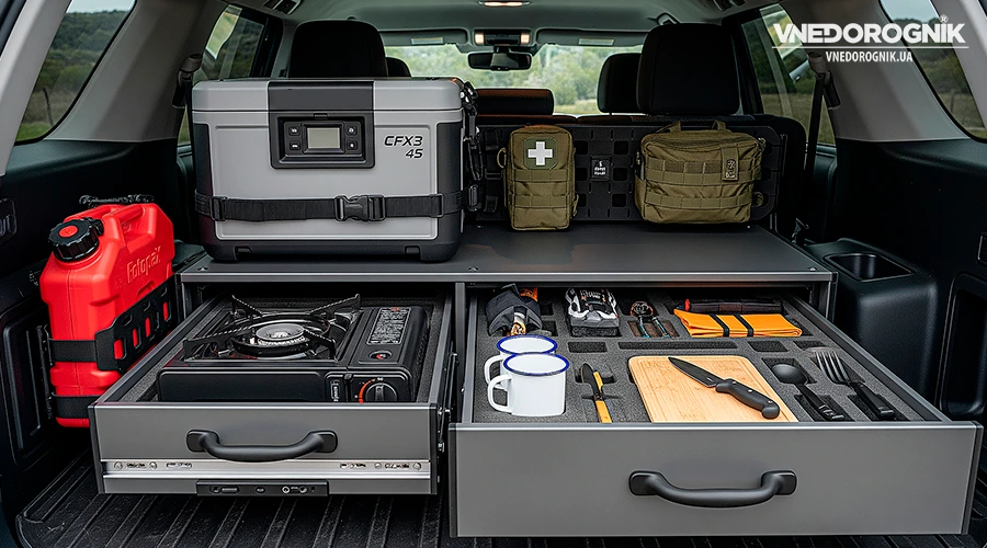 An example of organizing space in the trunk of an SUV using a modular system of pull-out drawers and a shelf for a refrigerator.