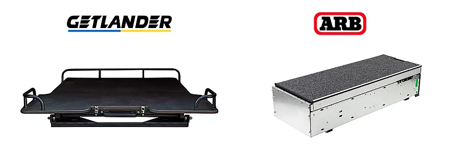 Мощный поддон и ящик Getlander для пикапа и классический модульный ящик ARB для экспедиционного внедорожника.