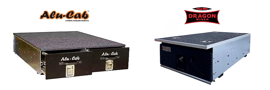 Two drawer systems side by side for comparison: left — lightweight aluminum Alu-Cab, right — durable steel Dragon Winch.