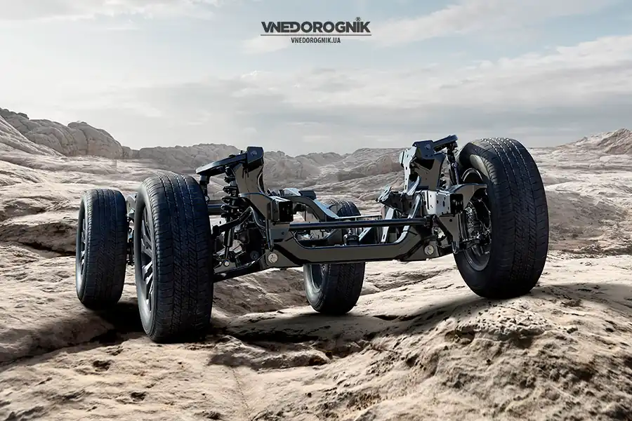 Reinforced frame of the new Mitsubishi L200/Triton. Ladder-frame chassis of the new Mitsubishi L200, which will serve as the foundation for the upcoming Mitsubishi Pajero 2026.