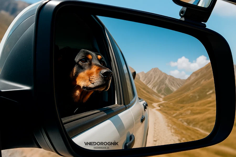 A dog sits in the passenger seat of a car with its head out the window, looking happy against a mountain backdrop.