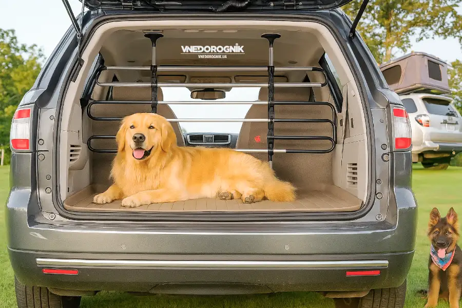A dog sits in the spacious trunk of an SUV, separated from the cabin by a barrier. The atmosphere of safe and comfortable road trips with a pet — the perfect photo for topics on travel and camping.