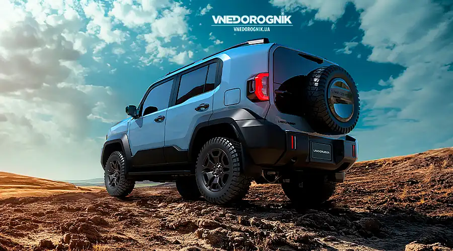 Prototype in a mountainous area: short overhangs, ample clearance and a frame chassis show real off-road capability.