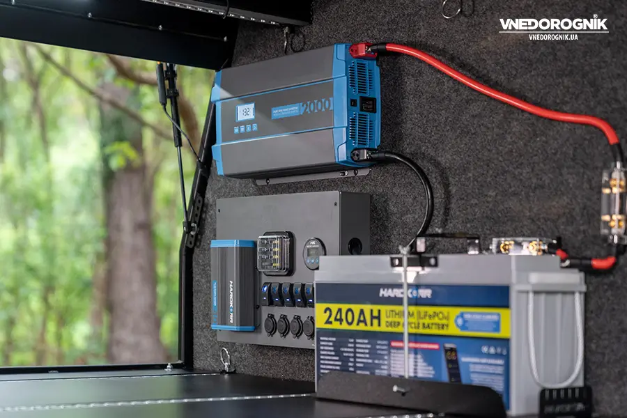 Auxiliary battery system and inverter to power camping equipment.