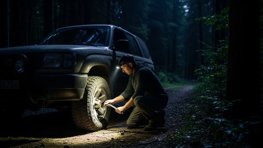 Flashlight used for off-road SUV repair and maintenance in the dark