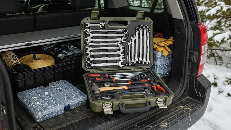 Professional tool set in a case placed in the trunk of an off-road SUV