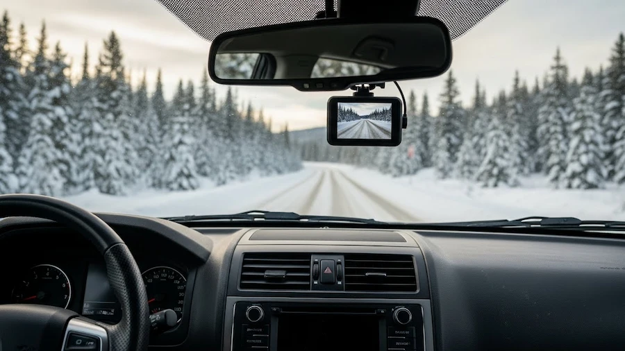 Dash cam mounted inside an off-road SUV during a winter drive