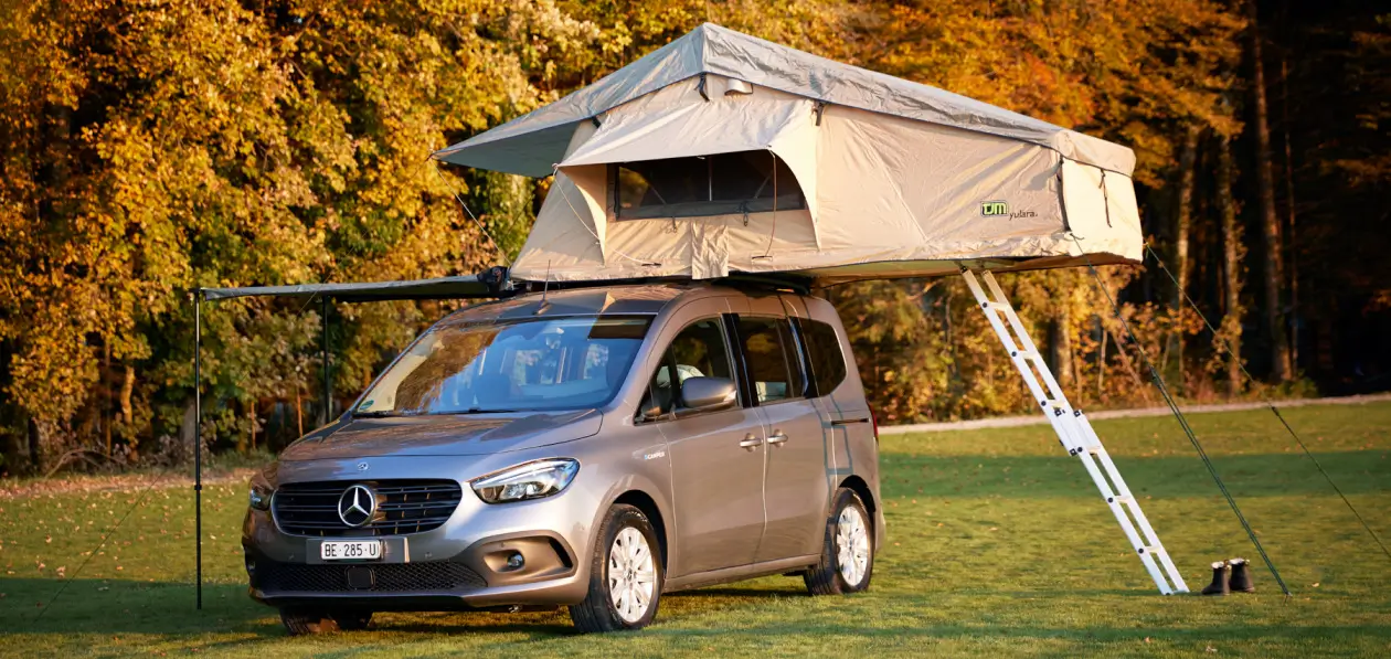 rooftop tent on a Mercedes station wagon