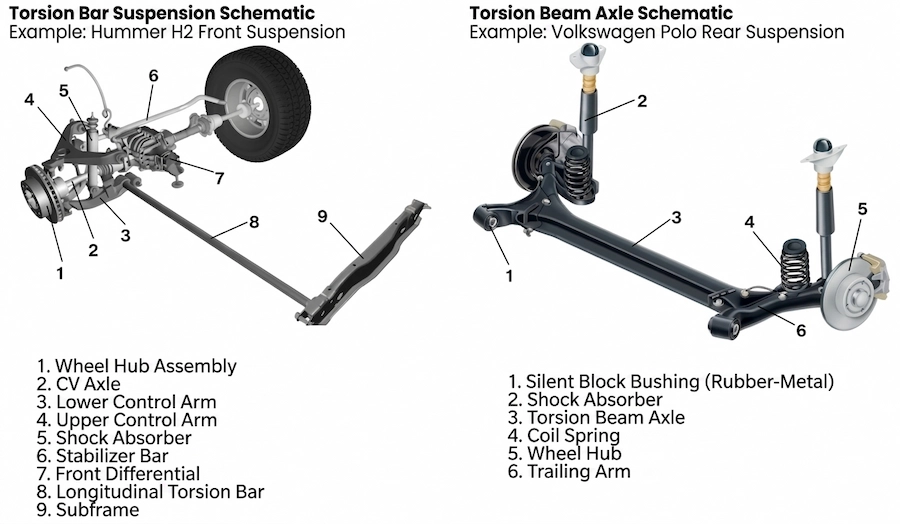 Torsion bar suspension layout diagram Automotive torsion bar suspension mechanism