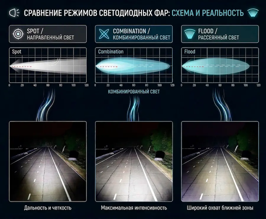 Схема рассеивания света фар Схема рассеивания света: сравнение рабочих фар и дальнего света для джипов
